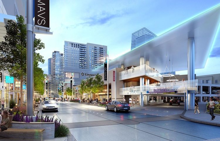 Victory Park Dallas rendering with Mavs sign