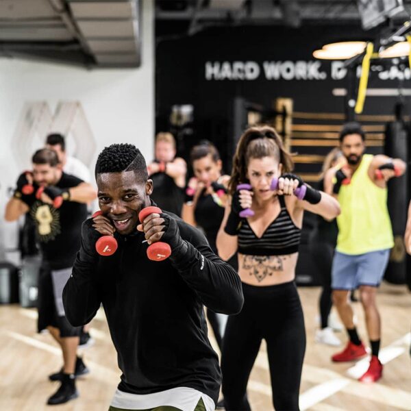Mayweather Boxing & Fitness workout with hand weights